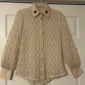 Anthropologie MAVEN Sz S Ivory Crochet w Mesh Lining & Gemstones Button Down Top